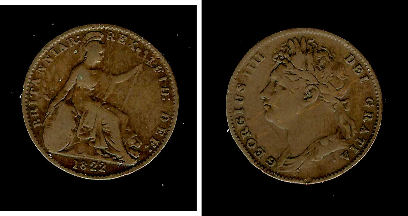 ROYAUME-UNI 1 Farthing Georges IV tête laurée 1822 TB+